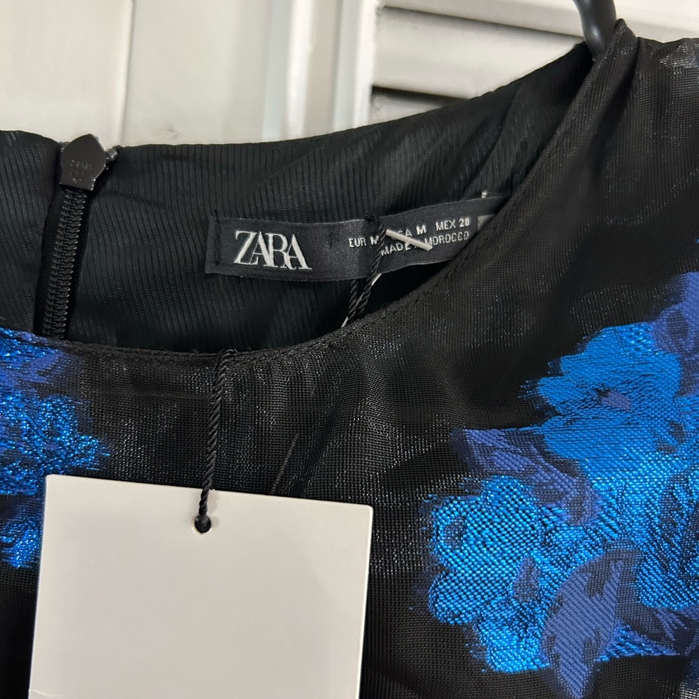 Zara Mini Dress Black Blue Sheer Long Sleeve Tiered Skirt Organza Floral Ruffle